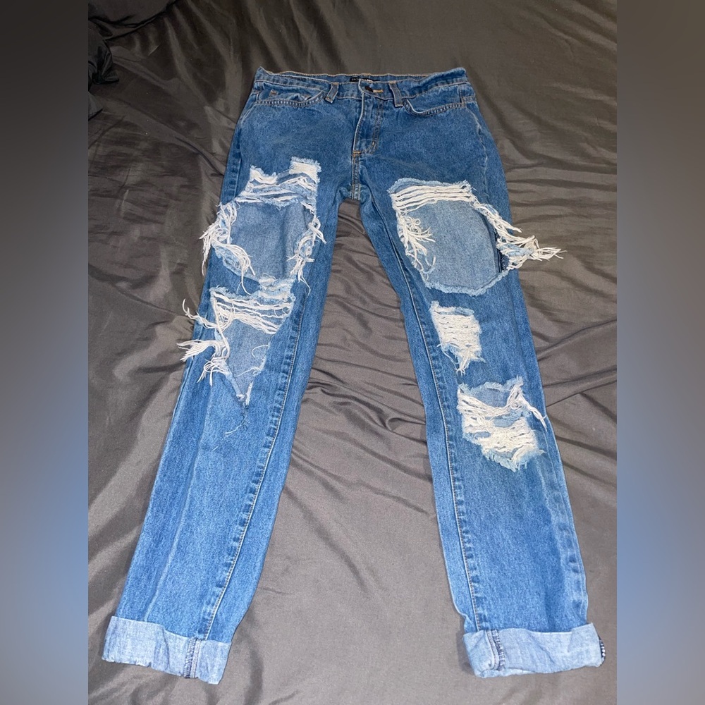 Fashion Nova Blue Distressed Slim Straight Jeans